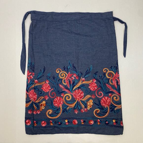 Boho Embroidered Faux Wrap Skirt Womens Size XL Chambray Floral Sarong Coverup - Picture 1 of 3